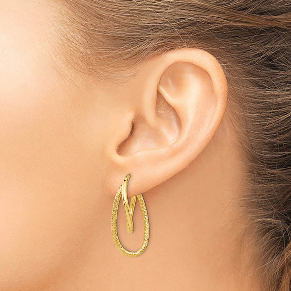 Alternate view of the Polished and Textured 14k Yellow Gold Bent Double Hoop Earrings, 32mm by The Black Bow Jewelry Co.