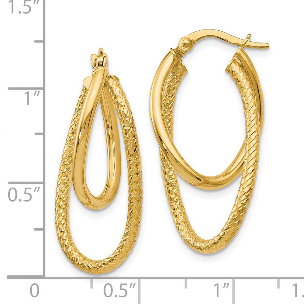 Alternate view of the Polished and Textured 14k Yellow Gold Bent Double Hoop Earrings, 32mm by The Black Bow Jewelry Co.
