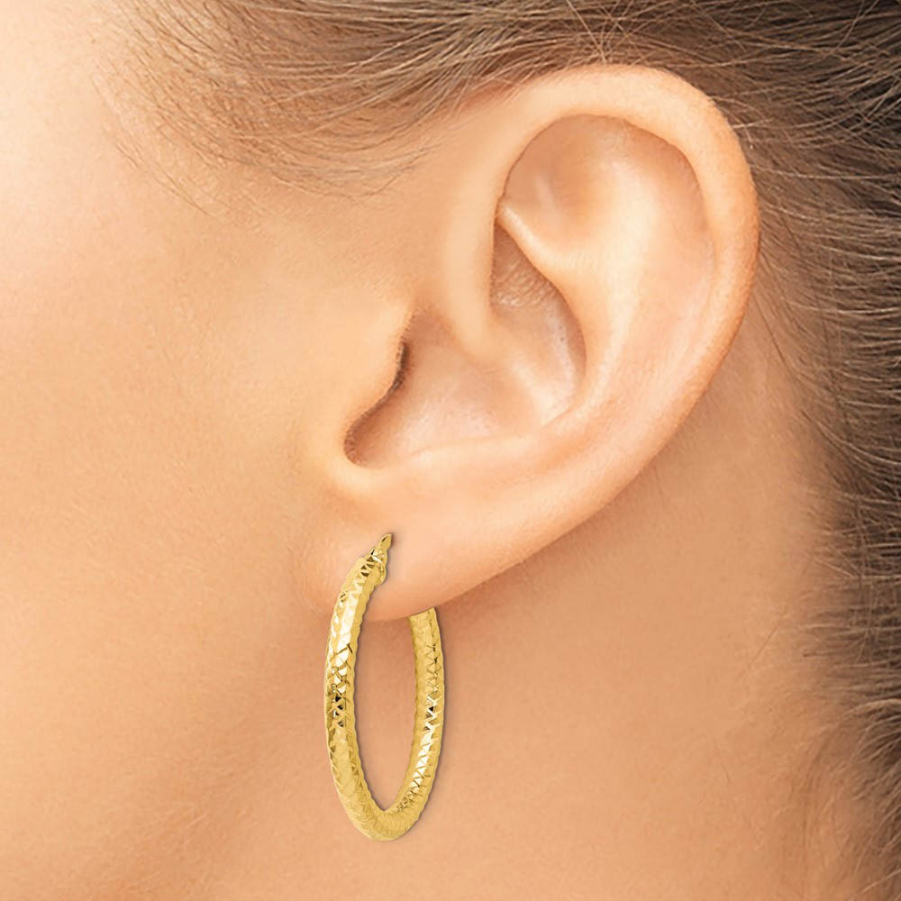 Alternate view of the 3mm Crisscross Round Hoop Earrings in 14k Yellow Gold, 30mm by The Black Bow Jewelry Co.