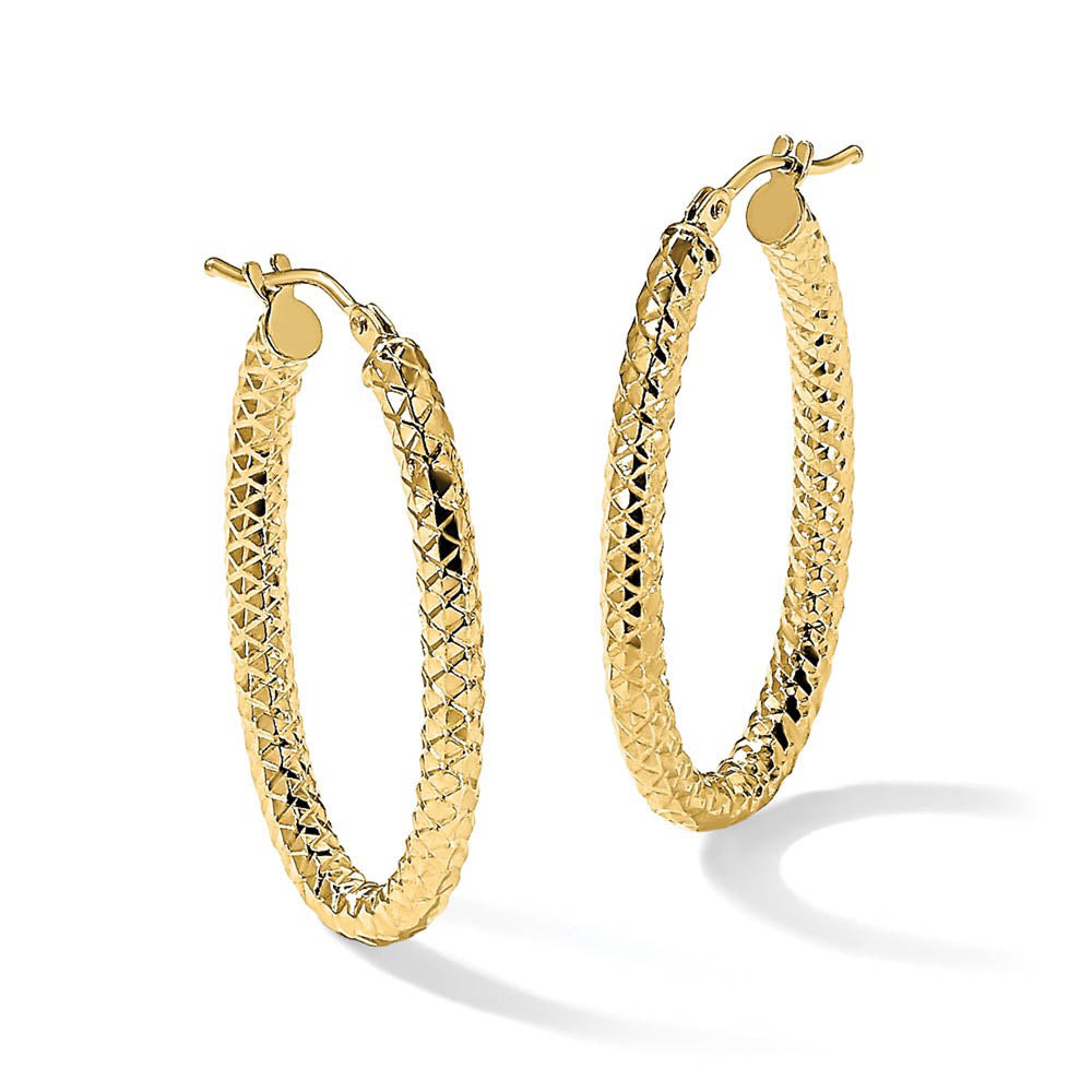 Alternate view of the 3mm Crisscross Oval Hoop Earrings in 14k Yellow Gold, 32mm(1 1/4 Inch) by The Black Bow Jewelry Co.