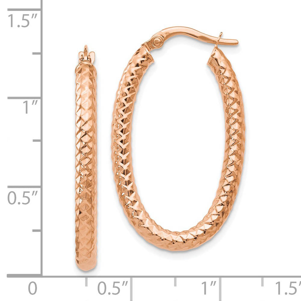 Alternate view of the 3mm Crisscross Oval Hoop Earrings in 14k Rose Gold, 32mm (1 1/4 Inch) by The Black Bow Jewelry Co.