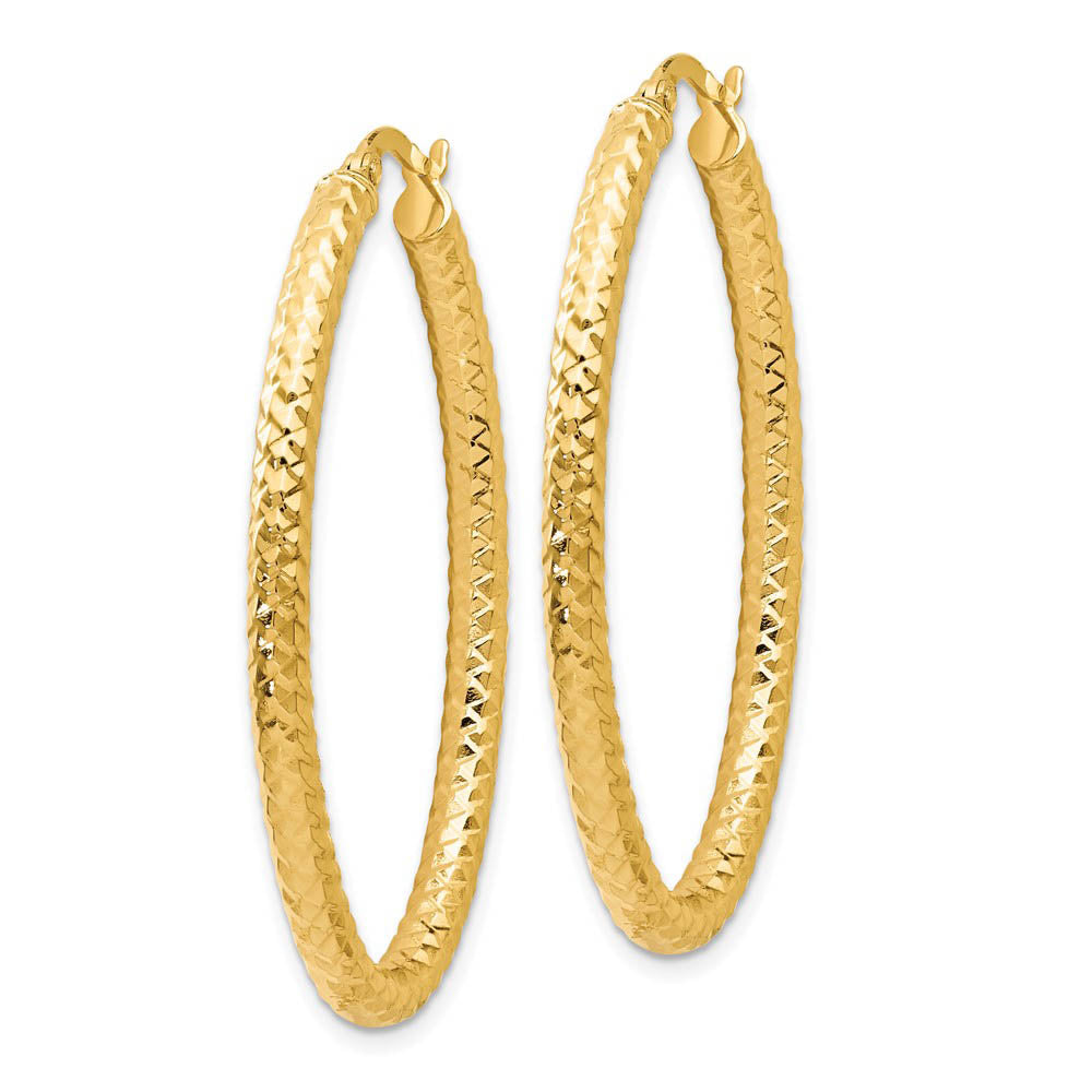 Alternate view of the 3mm Crisscross Oval Hoop Earrings in 14k Yellow Gold, 42mm(1 5/8 Inch) by The Black Bow Jewelry Co.