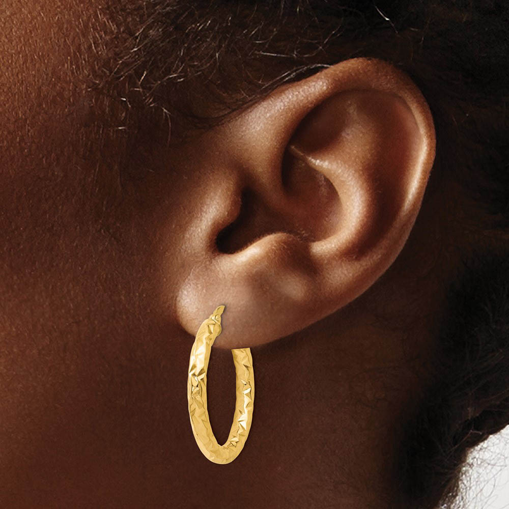 Alternate view of the 3mm Textured Round Hoop Earrings in 14k Yellow Gold, 25mm (1 Inch) by The Black Bow Jewelry Co.