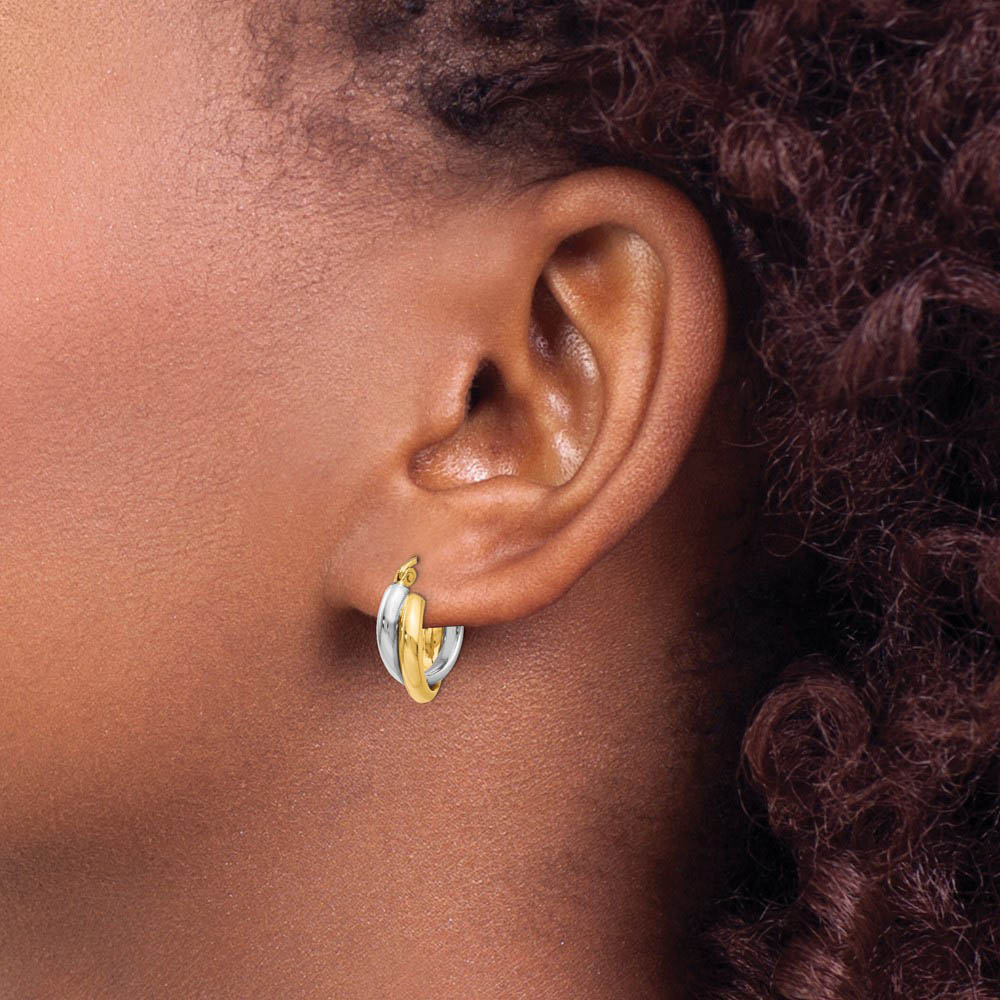 Alternate view of the 6mm Crossover Double Round Hoop Earrings in 14k Two Tone Gold, 14mm by The Black Bow Jewelry Co.