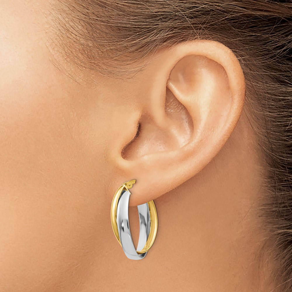 Alternate view of the 8mm Polished Double Oval Hoop Earrings in 14k Two Tone Gold, 23mm by The Black Bow Jewelry Co.
