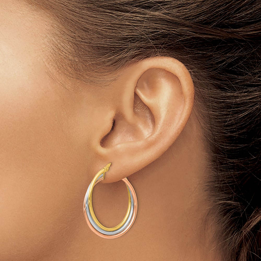 Alternate view of the 5mm Triple Crossover Hoops in 14k Tri-Color Gold, 28mm (1 1/8 Inch) by The Black Bow Jewelry Co.