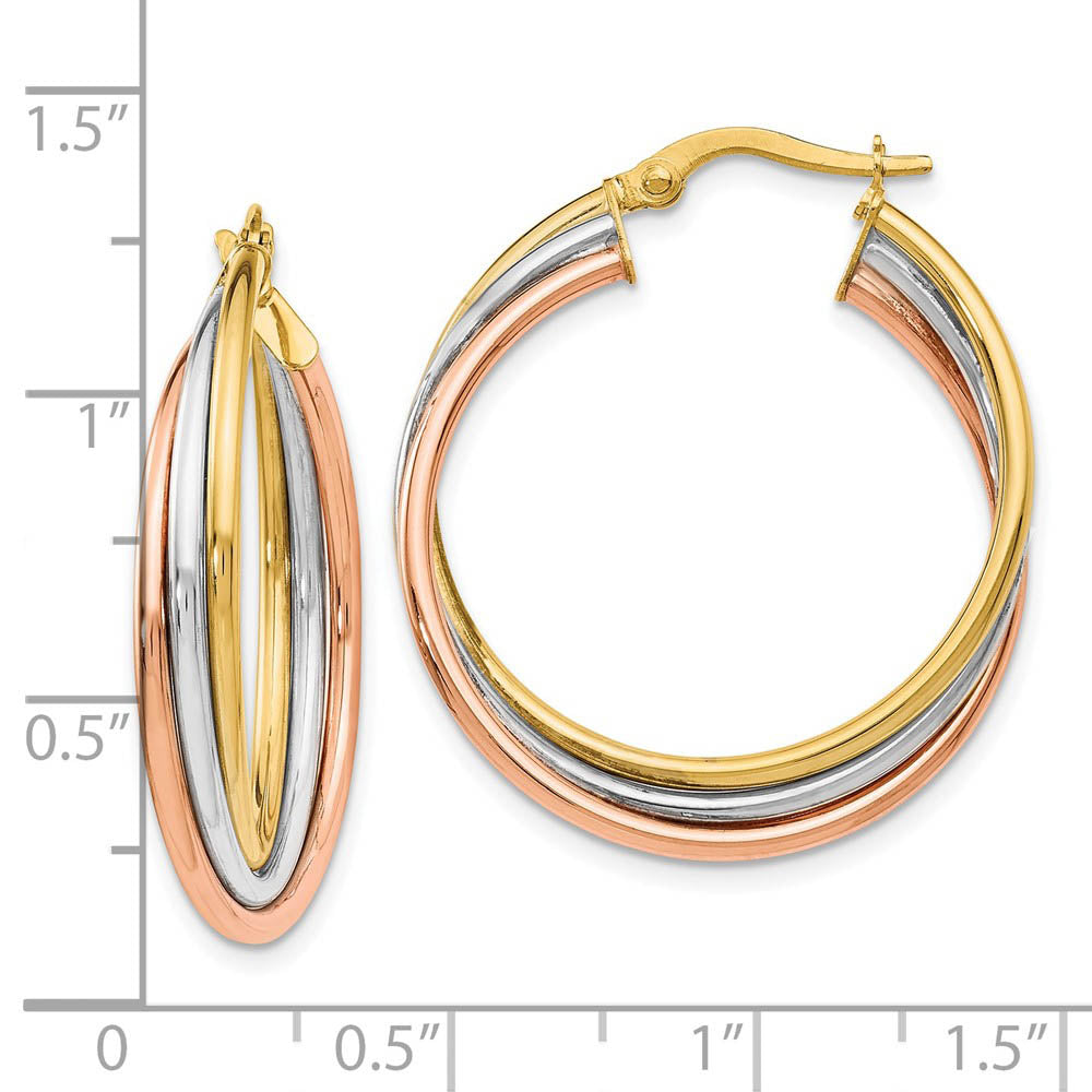 Alternate view of the 5mm Triple Crossover Hoops in 14k Tri-Color Gold, 28mm (1 1/8 Inch) by The Black Bow Jewelry Co.