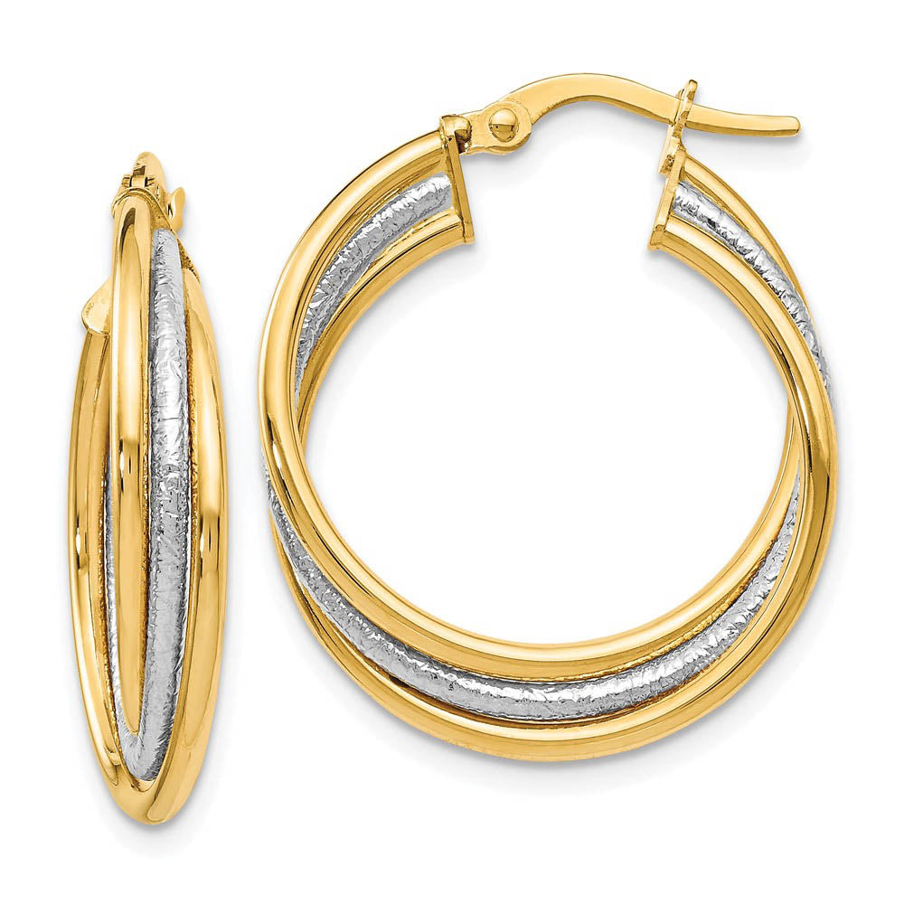 14k Two Tone Gold Polished Textured Triple Round Hoop Earrings, 23mm, Item E12368 by The Black Bow Jewelry Co.