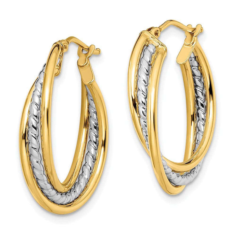 Alternate view of the 14k Two Tone Gold Polished Textured Triple Round Hoop Earrings, 23mm by The Black Bow Jewelry Co.