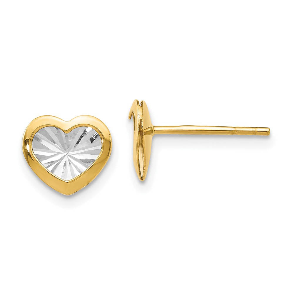 8mm Diamond-Cut Heart Post Earrings in 14k Yellow Gold & White Rhodium, Item E12417 by The Black Bow Jewelry Co.