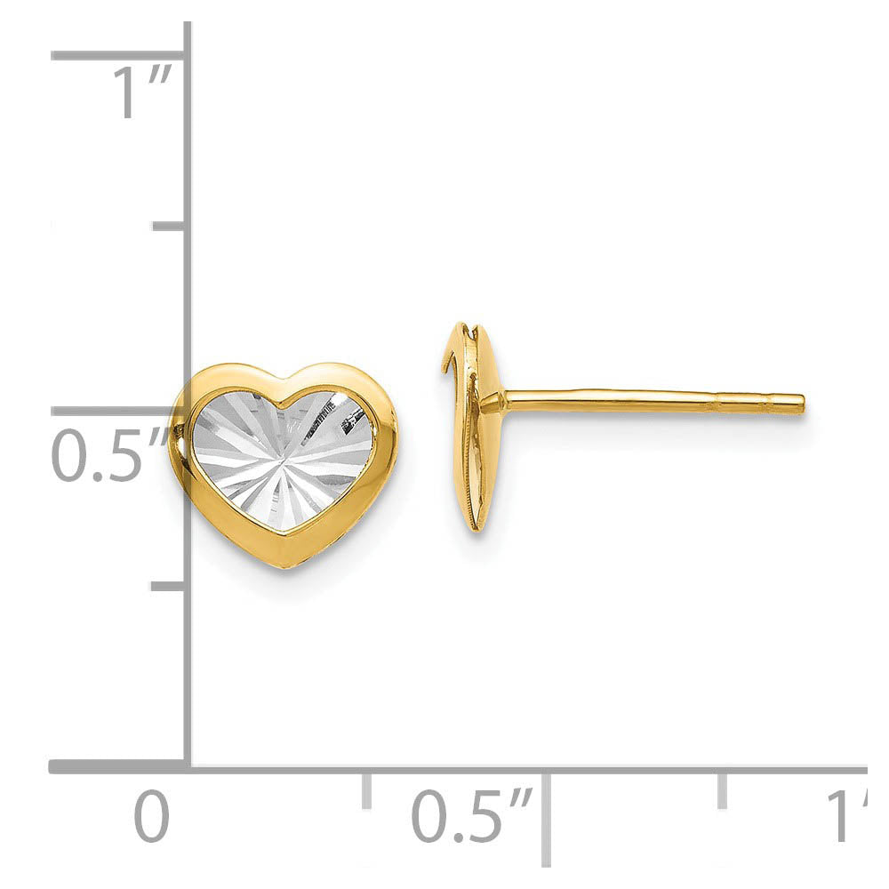 Alternate view of the 8mm Diamond-Cut Heart Post Earrings in 14k Yellow Gold & White Rhodium by The Black Bow Jewelry Co.