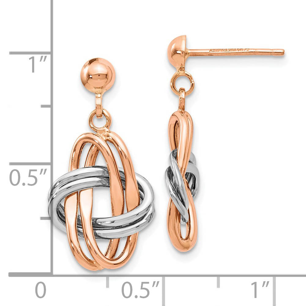 Alternate view of the 14k Rose and White Gold Double Knot Post Dangle Earrings by The Black Bow Jewelry Co.