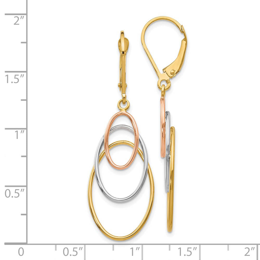 Alternate view of the 14k Tri-Color Gold Triple Oval Dangle Earrings, 45mm (1 3/4 Inch) by The Black Bow Jewelry Co.