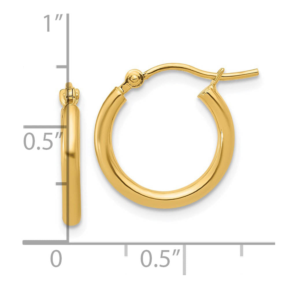 Alternate view of the 2mm Round Hoop Earrings in 10k Yellow Gold, 13mm (1/2 Inch) by The Black Bow Jewelry Co.