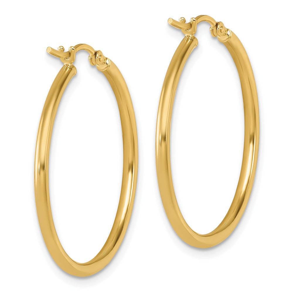Alternate view of the 2mm Round Hoop Earrings in 10k Yellow Gold, 30mm (1 3/16 Inch) by The Black Bow Jewelry Co.