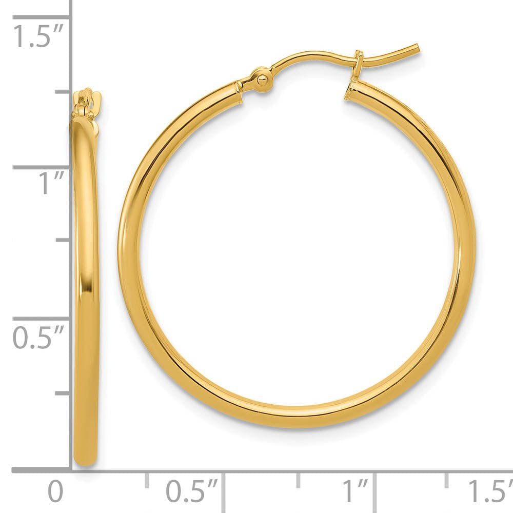 Alternate view of the 2mm Round Hoop Earrings in 10k Yellow Gold, 30mm (1 3/16 Inch) by The Black Bow Jewelry Co.