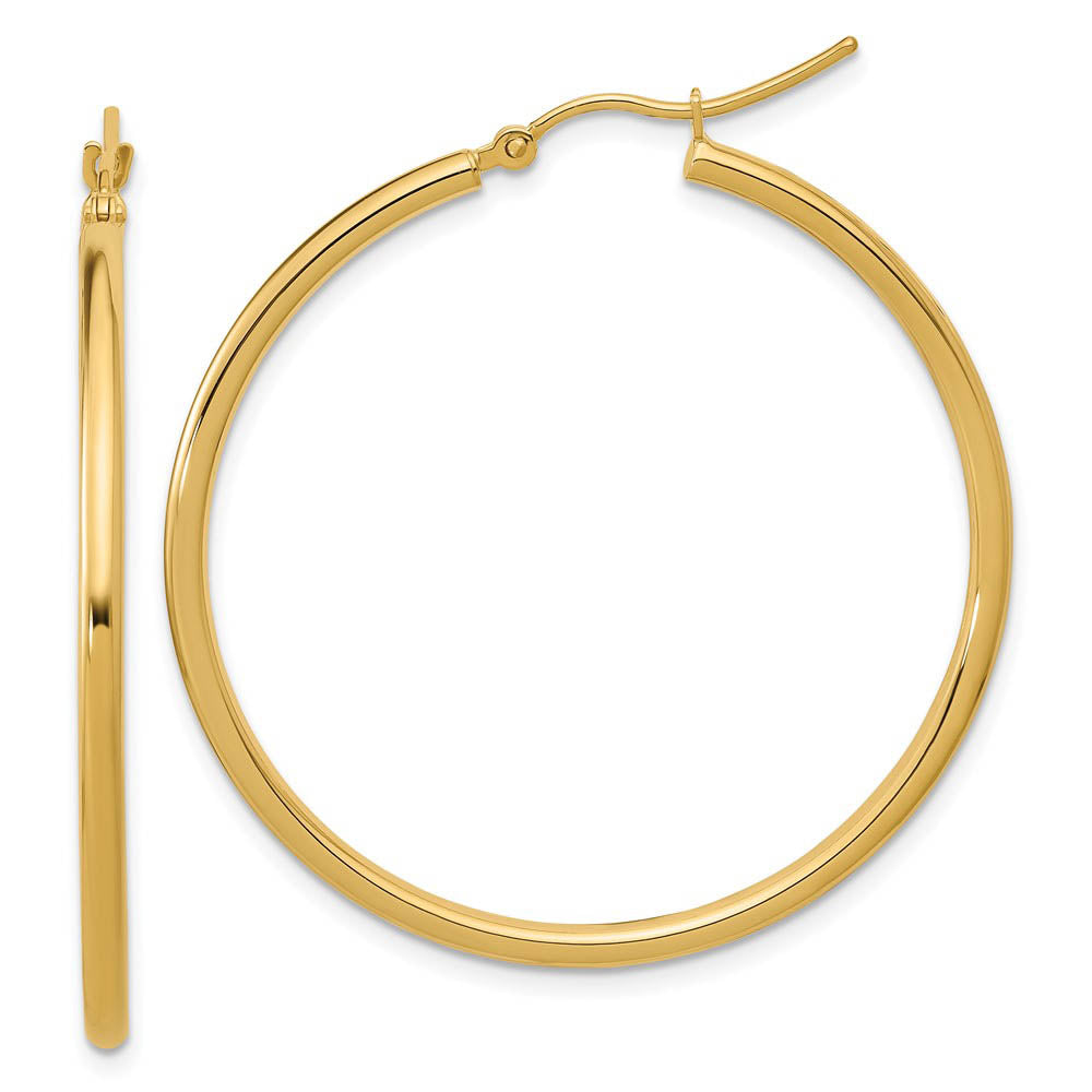 2mm Round Hoop Earrings in 10k Yellow Gold, 40mm (1 1/2 Inch), Item E12489 by The Black Bow Jewelry Co.