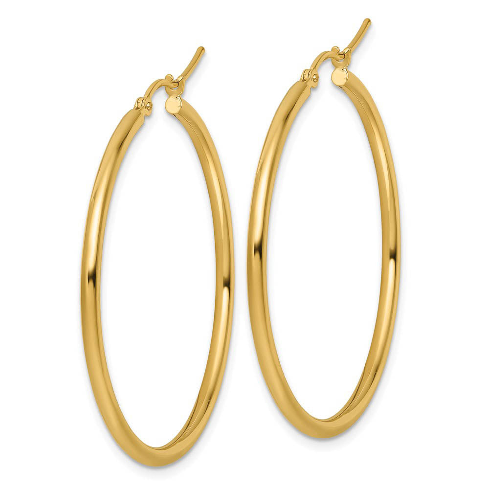 Alternate view of the 2mm Round Hoop Earrings in 10k Yellow Gold, 40mm (1 1/2 Inch) by The Black Bow Jewelry Co.