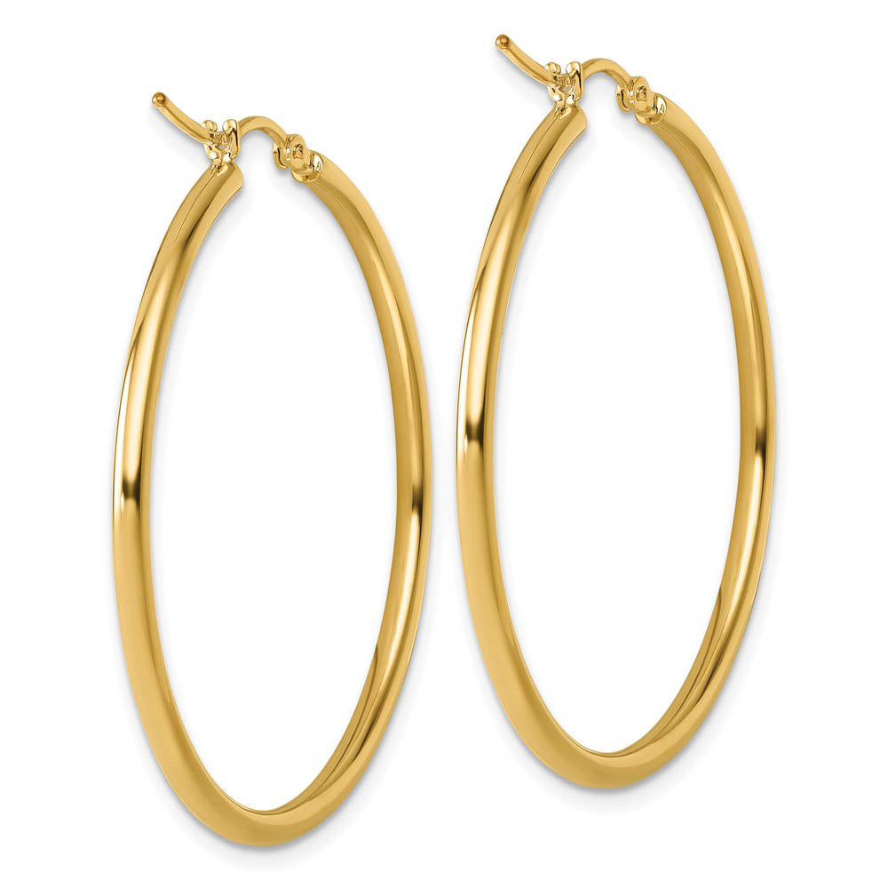 Alternate view of the 2mm Round Hoop Earrings in 10k Yellow Gold, 40mm (1 1/2 Inch) by The Black Bow Jewelry Co.
