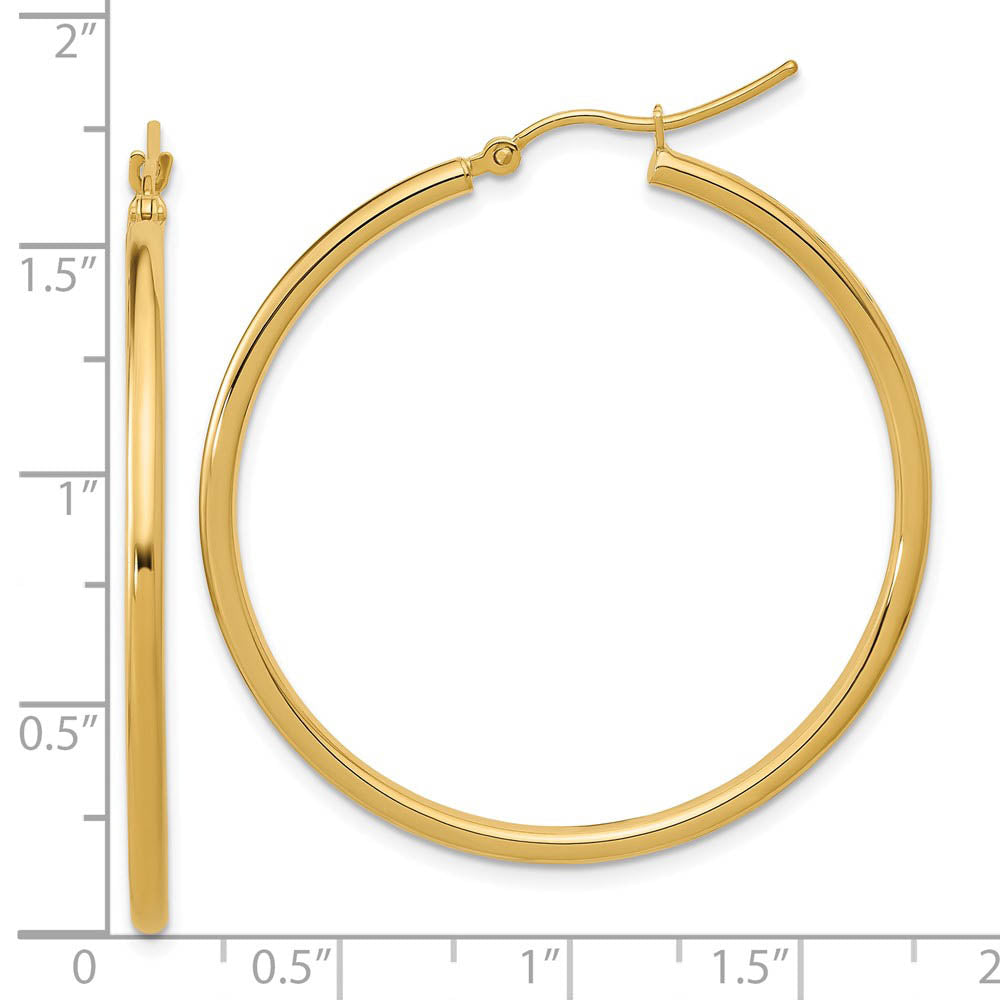 Alternate view of the 2mm Round Hoop Earrings in 10k Yellow Gold, 40mm (1 1/2 Inch) by The Black Bow Jewelry Co.