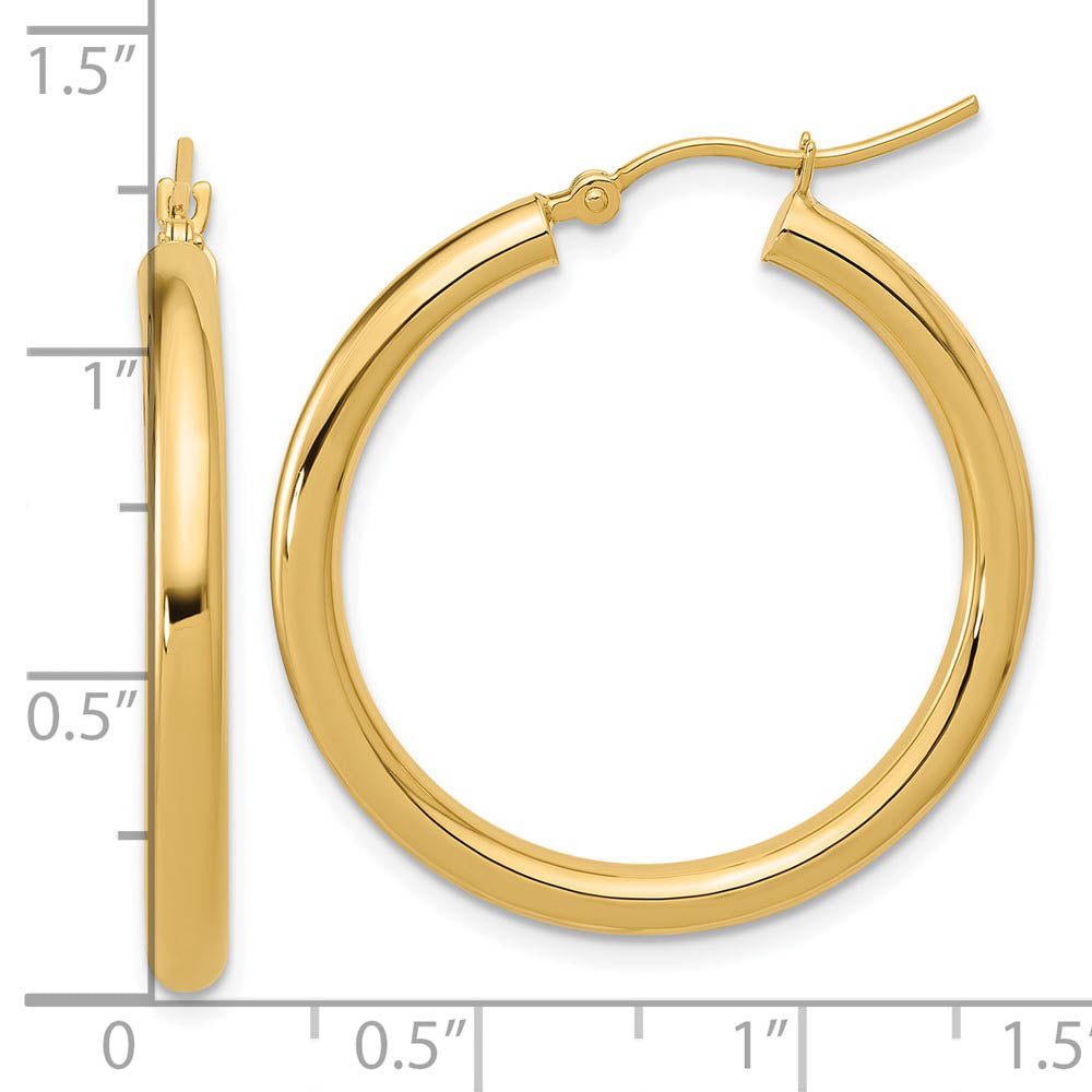 Alternate view of the 3mm Round Hoop Earrings in 10k Yellow Gold, 30mm (1 3/16 Inch) by The Black Bow Jewelry Co.
