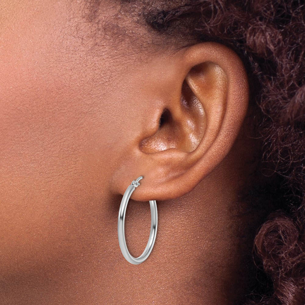 Alternate view of the 2mm Round Hoop Earrings in 10k White Gold, 25mm (1 Inch) by The Black Bow Jewelry Co.