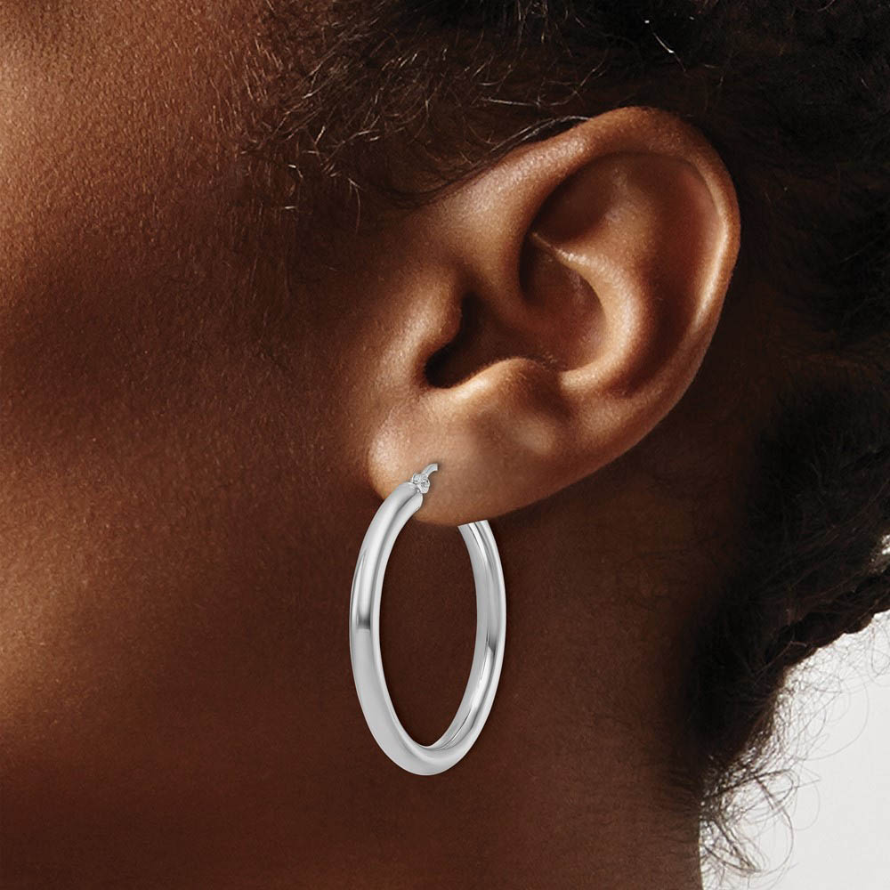 Alternate view of the 3mm Round Hoop Earrings in 10k White Gold, 30mm (1 3/16 Inch) by The Black Bow Jewelry Co.