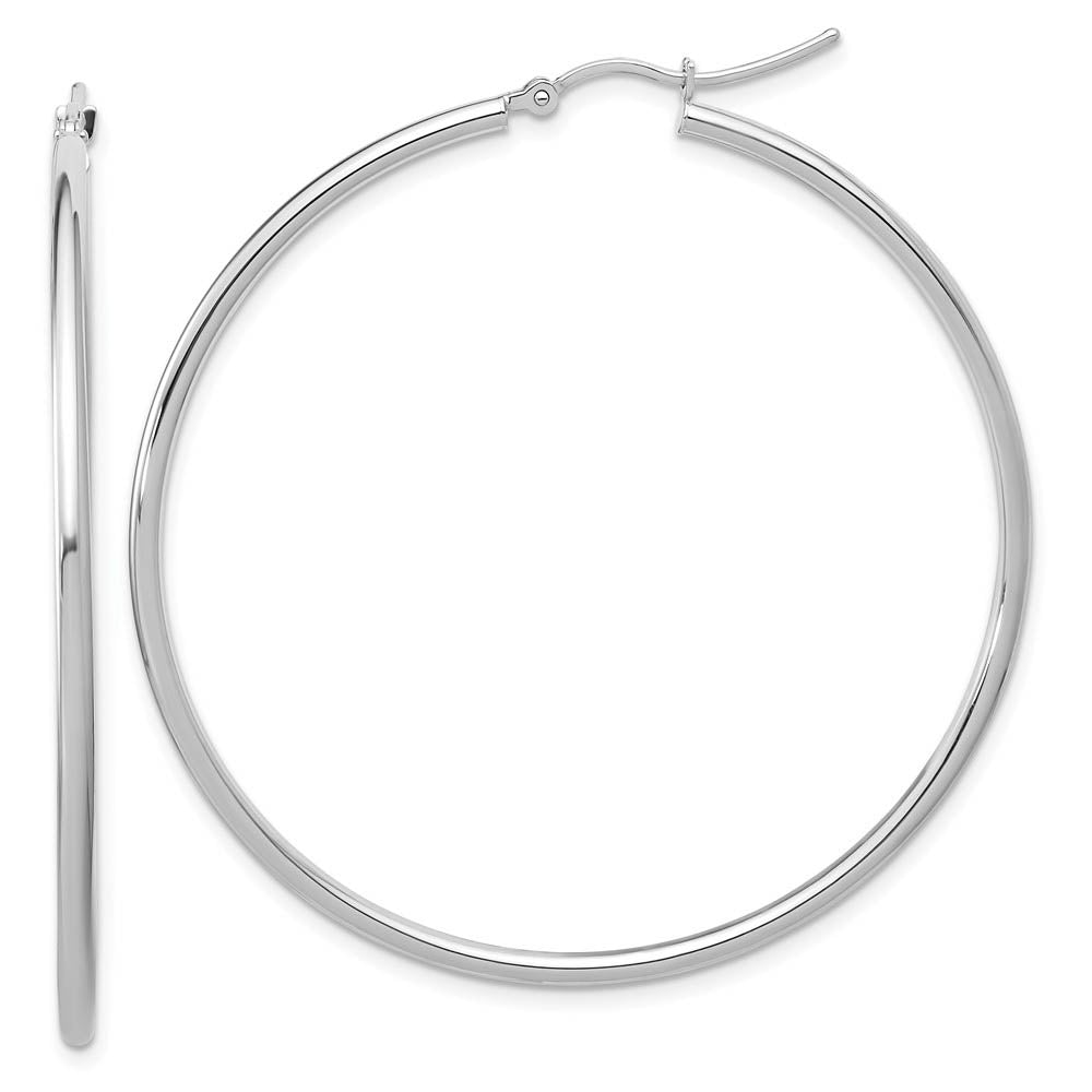 2mm Round Hoop Earrings in 10k White Gold, 51mm (2 Inch), Item E12503 by The Black Bow Jewelry Co.