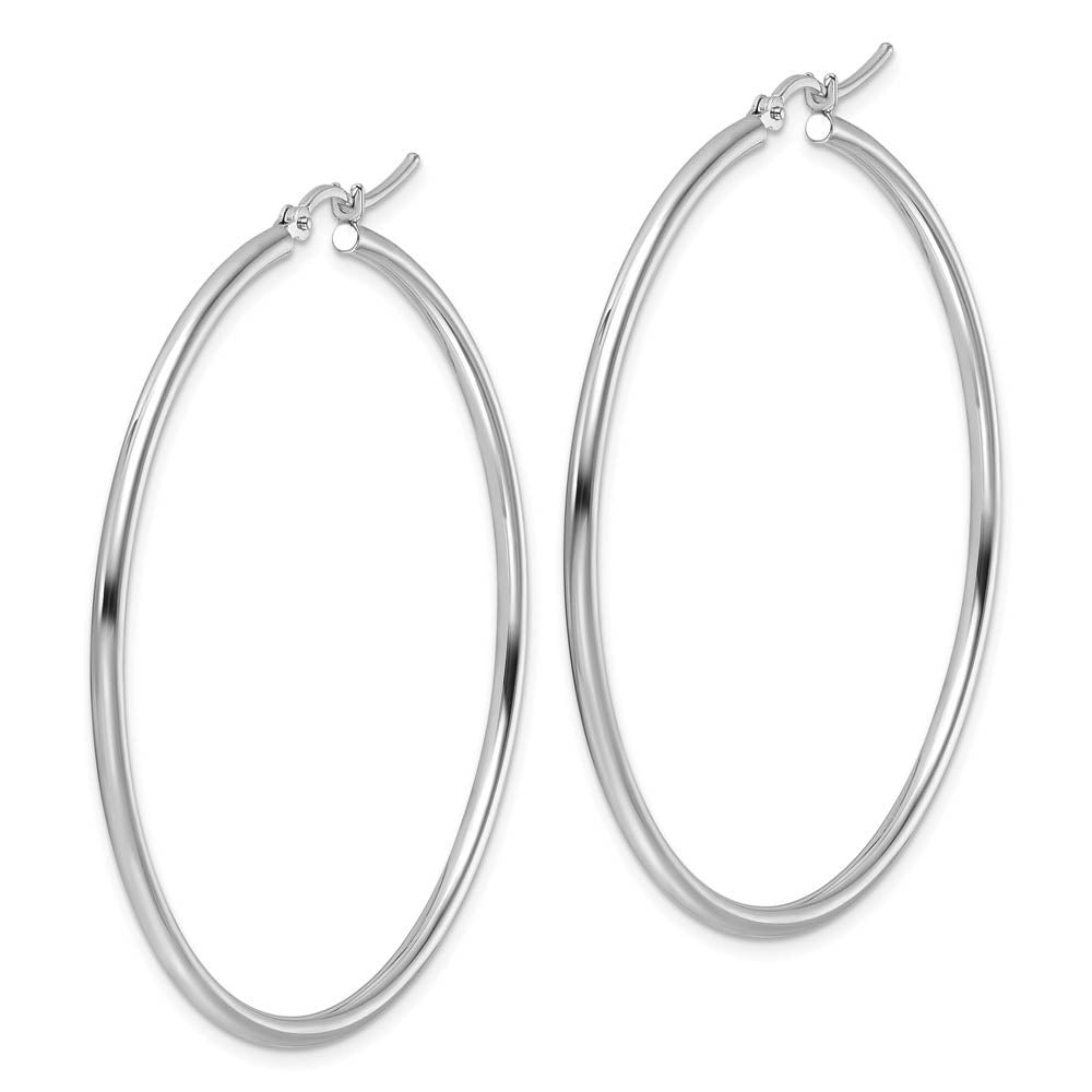 Alternate view of the 2mm Round Hoop Earrings in 10k White Gold, 51mm (2 Inch) by The Black Bow Jewelry Co.