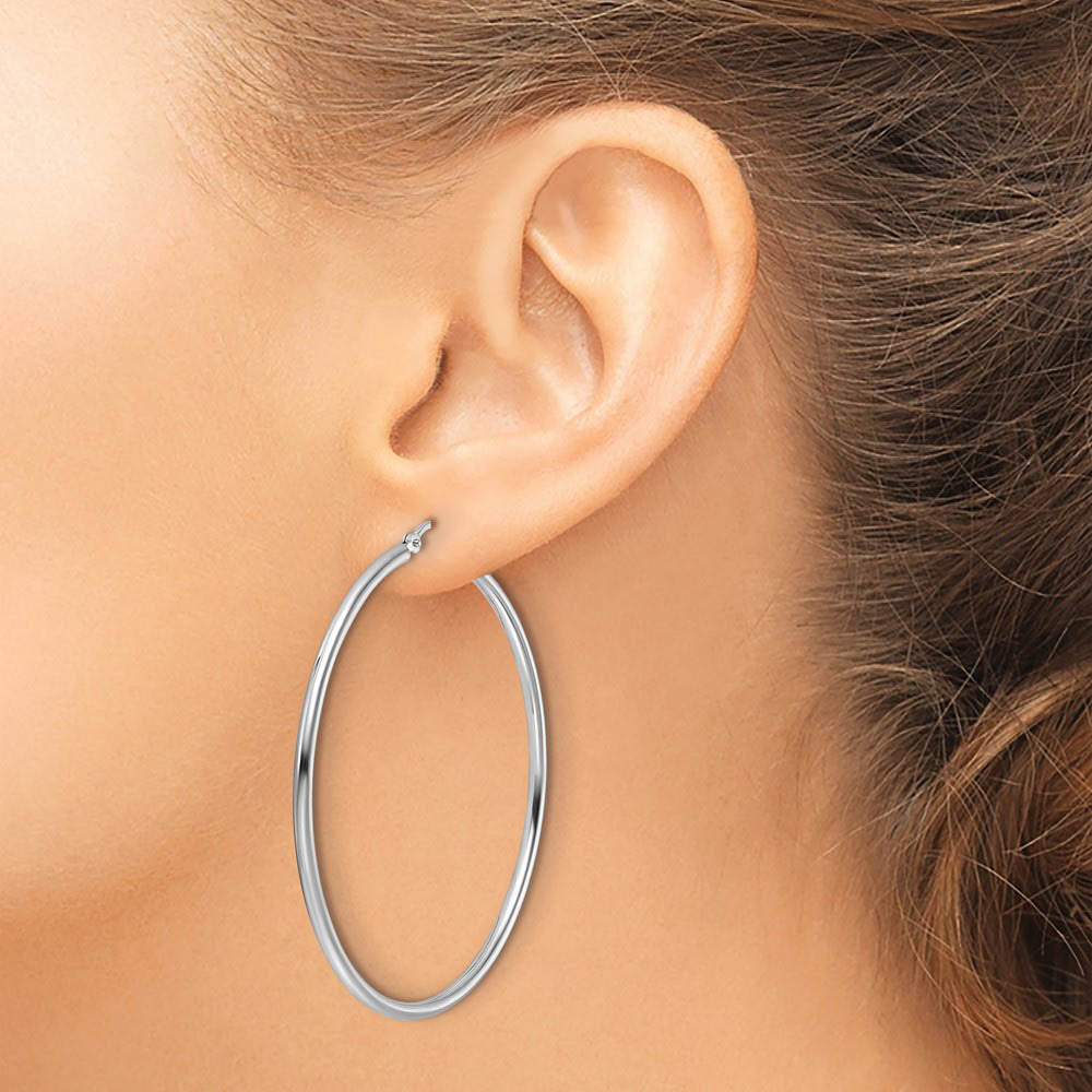 Alternate view of the 2mm Round Hoop Earrings in 10k White Gold, 51mm (2 Inch) by The Black Bow Jewelry Co.