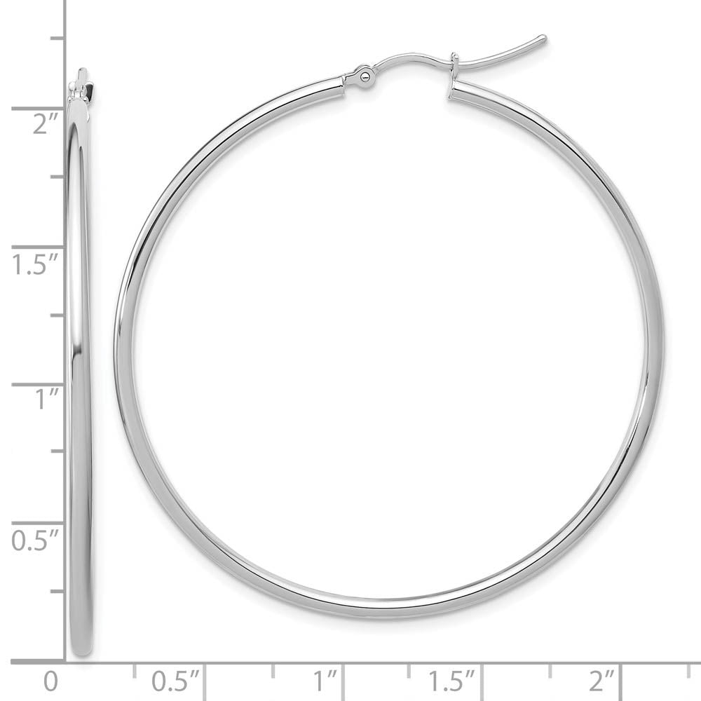 Alternate view of the 2mm Round Hoop Earrings in 10k White Gold, 51mm (2 Inch) by The Black Bow Jewelry Co.