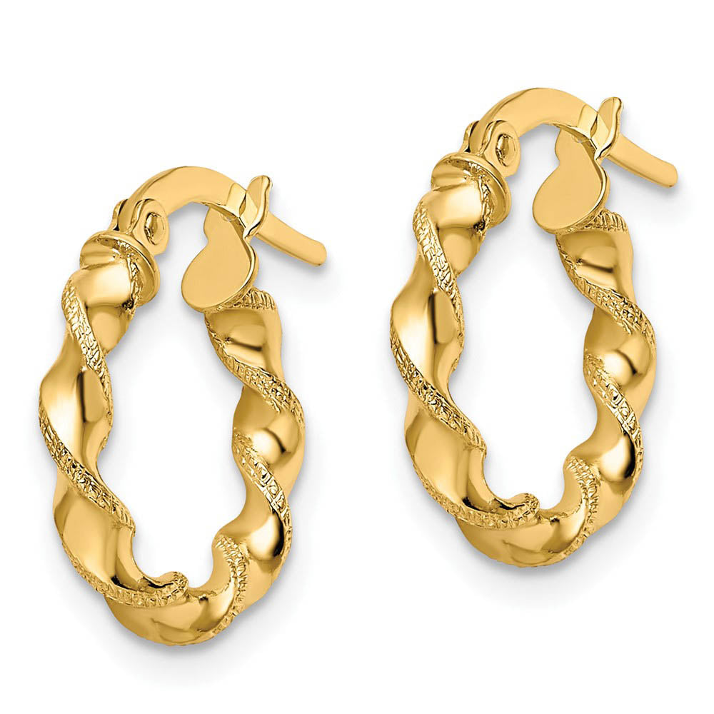 Alternate view of the 2.5mm 10k Yellow Gold Polished & Textured Twisted Hoops, 15mm by The Black Bow Jewelry Co.