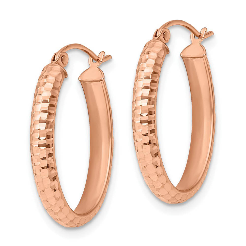 Alternate view of the 3.5mm 10k Rose Gold Diamond Cut Oval Hoop Earrings, 22mm (7/8 Inch) by The Black Bow Jewelry Co.