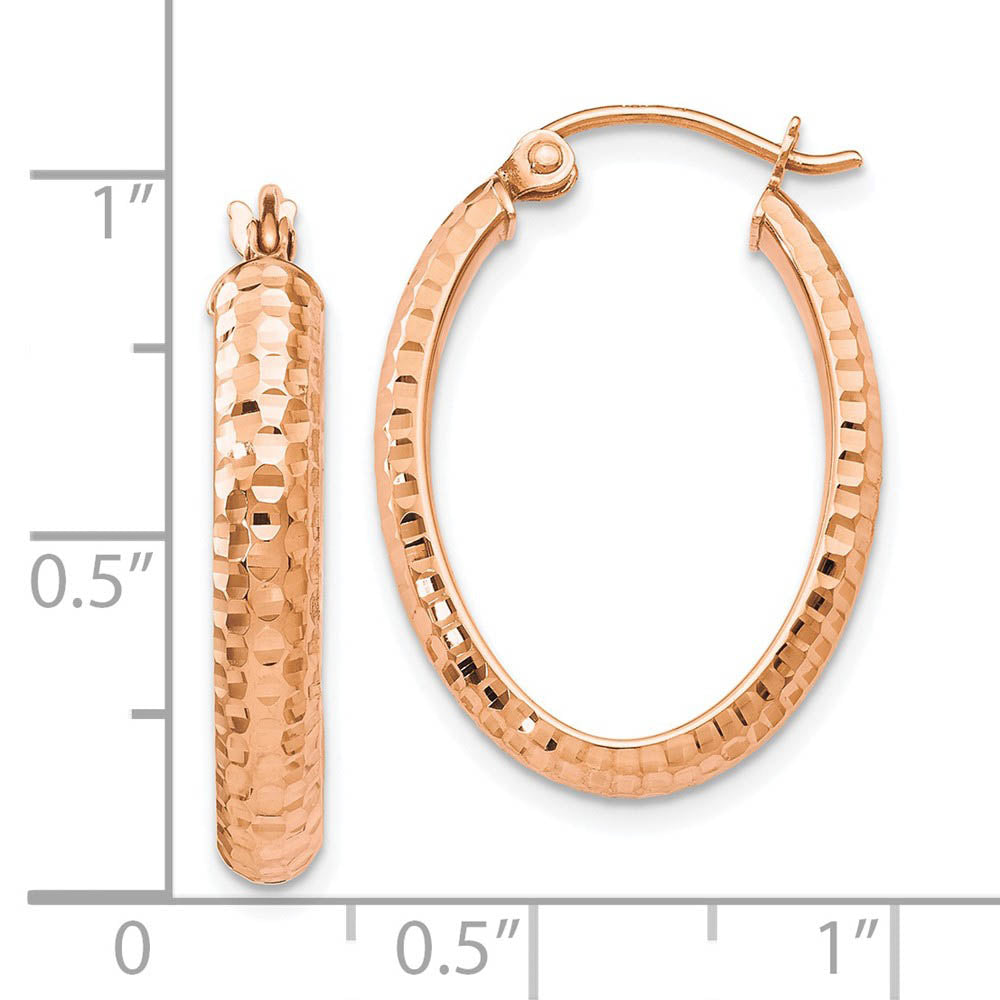 Alternate view of the 3.5mm 10k Rose Gold Diamond Cut Oval Hoop Earrings, 22mm (7/8 Inch) by The Black Bow Jewelry Co.