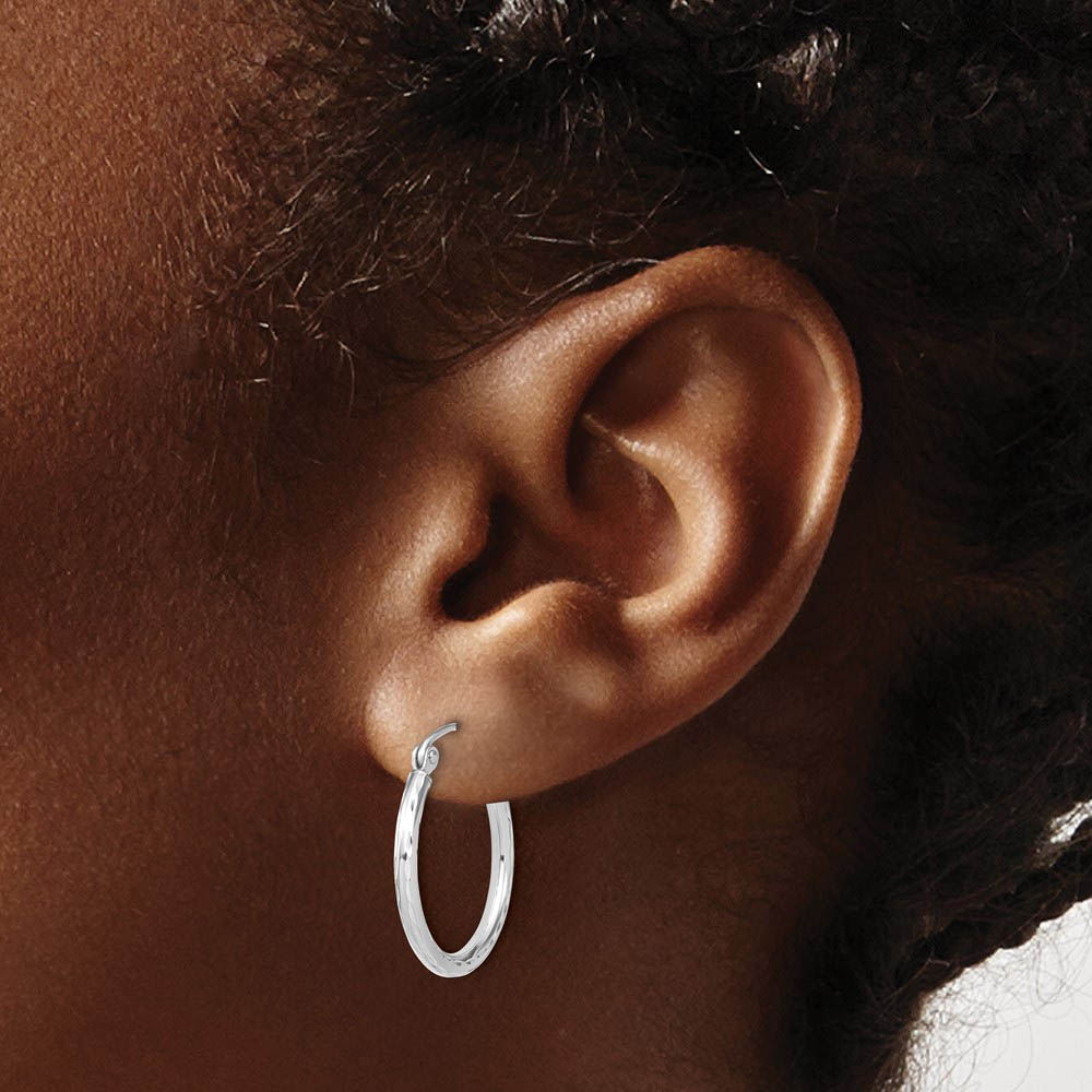 Alternate view of the 2mm 10k White Gold Diamond Cut Round Hoop Earrings, 20mm (3/4 Inch) by The Black Bow Jewelry Co.