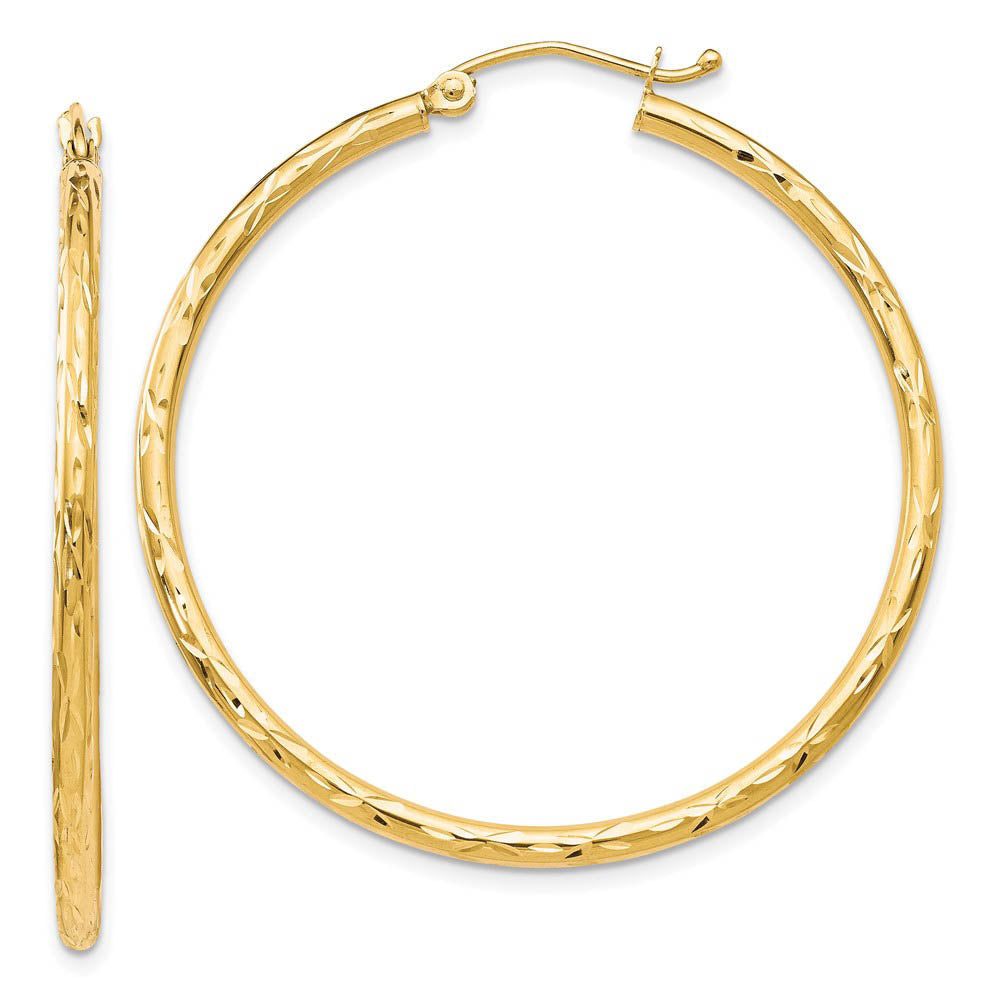 2mm 10k Yellow Gold Textured Round Hoop Earrings, 41mm (1 5/8 Inch), Item E12544 by The Black Bow Jewelry Co.