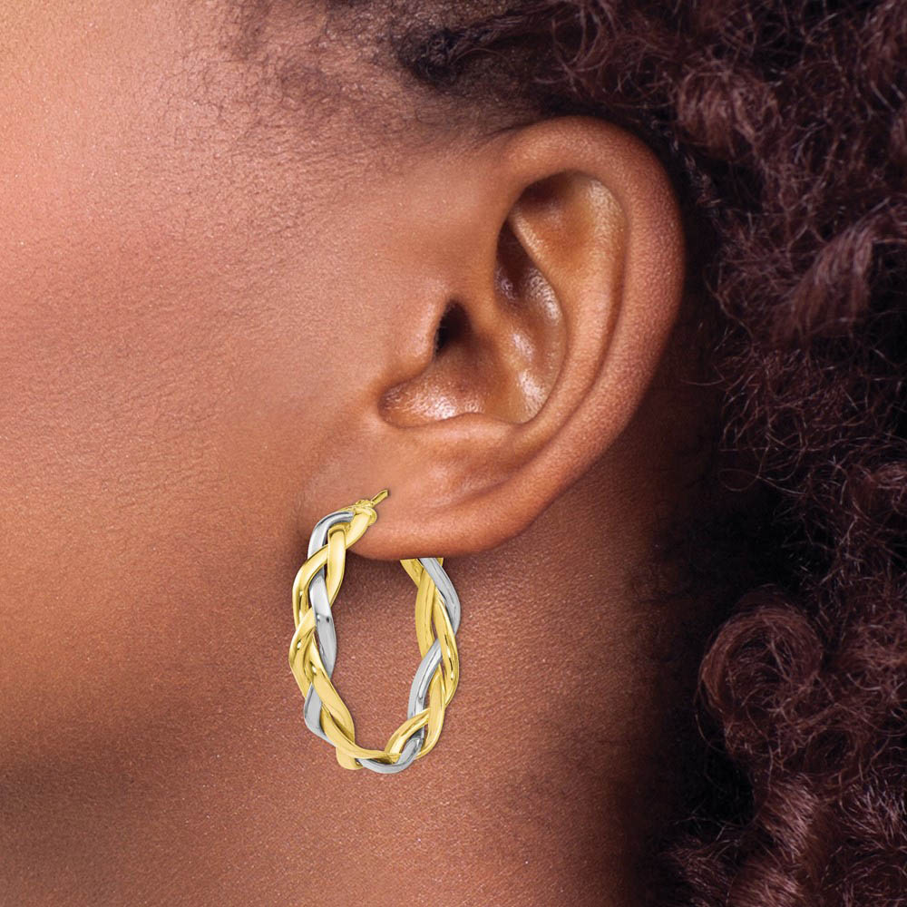 Alternate view of the 5mm Polished Braided Round Hoop Earrings in 10k Two Tone Gold, 30mm by The Black Bow Jewelry Co.