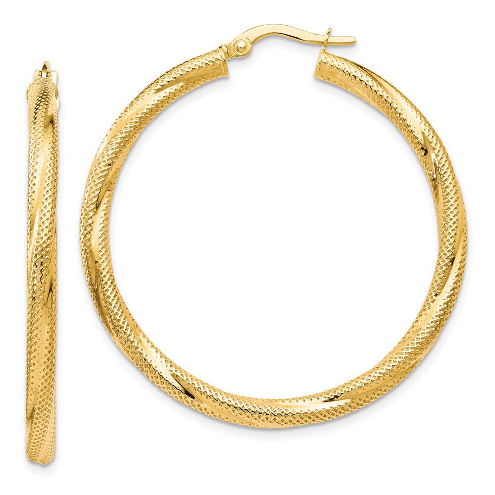 3mm Twisted Textured Round Hoops in 10k Yellow Gold, 40mm (1 1/2 Inch), Item E12569 by The Black Bow Jewelry Co.