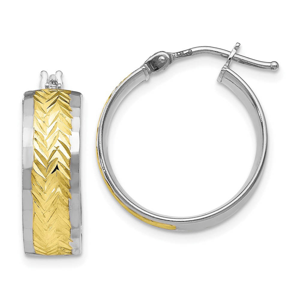 10k White Gold & Yellow Rhodium Diamond Cut Round Hoop Earrings, 18mm, Item E12582 by The Black Bow Jewelry Co.