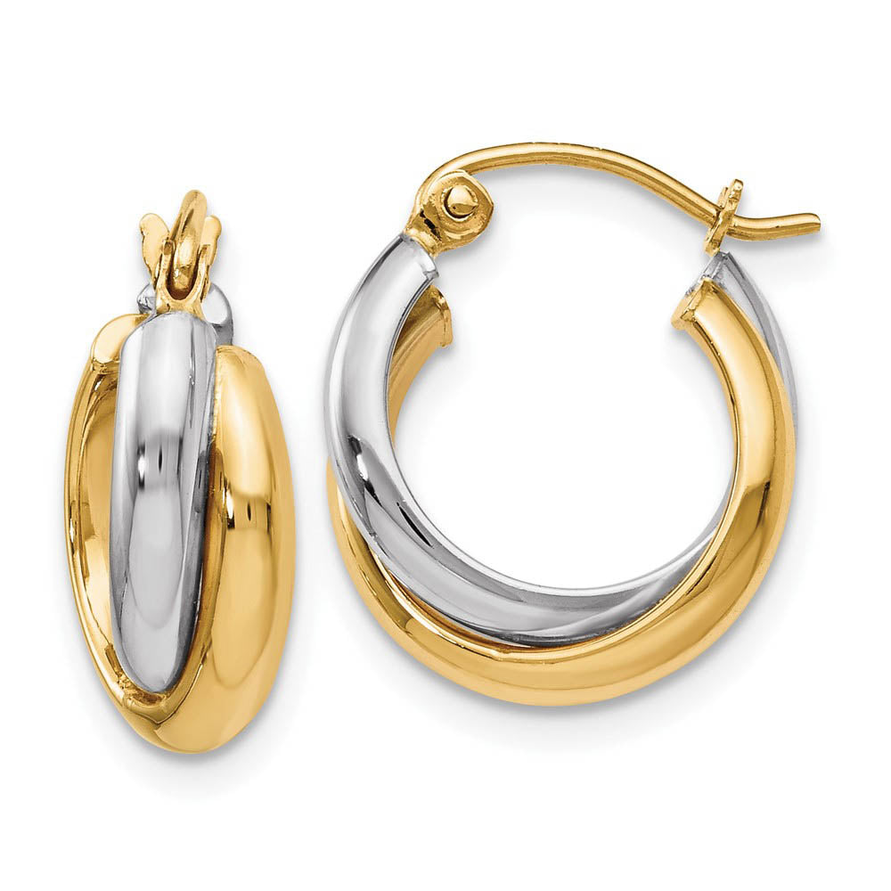 7mm Double Crossover Round Hoops in 10k Two Tone Gold, 15mm, Item E12592 by The Black Bow Jewelry Co.
