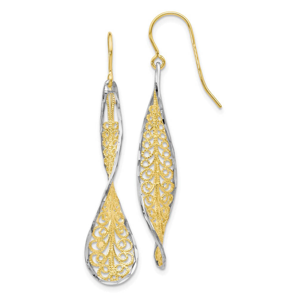 Twisted Filigree Dangle Earrings in 10k Yellow Gold & White Rhodium, Item E12613 by The Black Bow Jewelry Co.