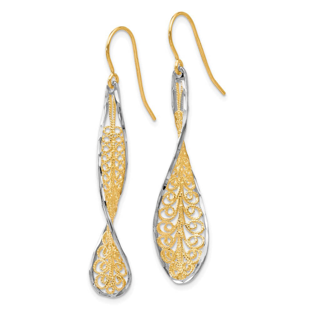 Alternate view of the Twisted Filigree Dangle Earrings in 10k Yellow Gold & White Rhodium by The Black Bow Jewelry Co.