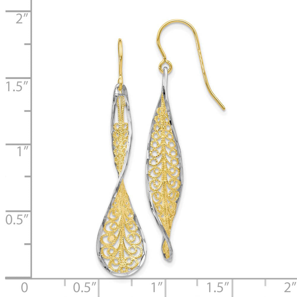 Alternate view of the Twisted Filigree Dangle Earrings in 10k Yellow Gold & White Rhodium by The Black Bow Jewelry Co.