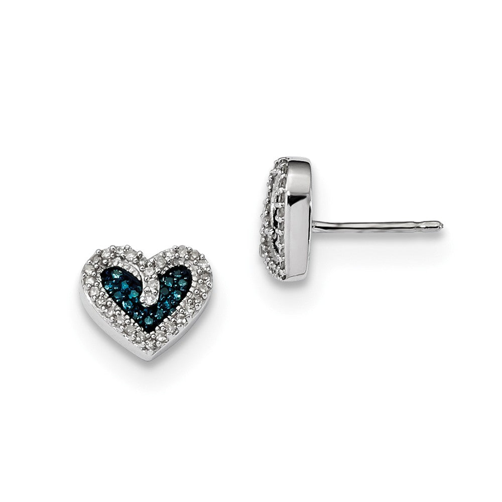 Blue &amp; White Diamond 9mm Heart Post Earrings in Sterling Silver, Item E12664 by The Black Bow Jewelry Co.