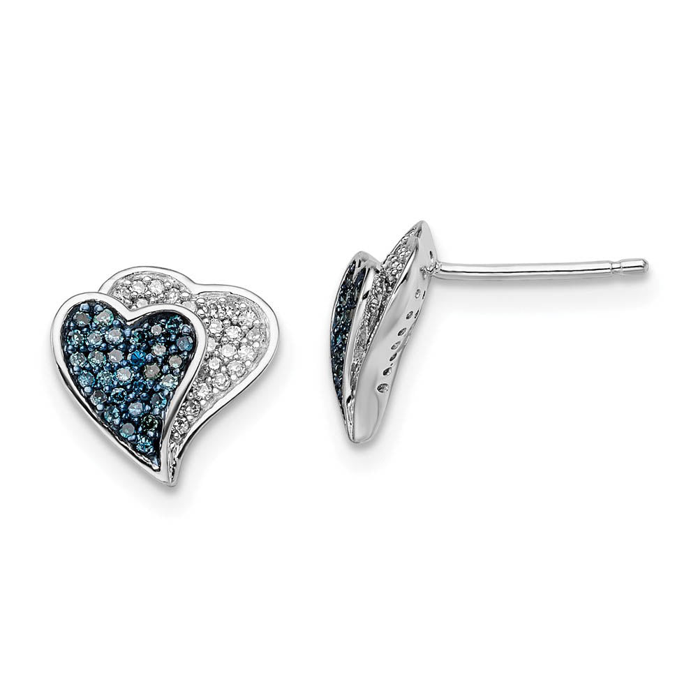 Blue & White Diamond 10mm Double Heart Sterling Silver Post Earrings, Item E12666 by The Black Bow Jewelry Co.