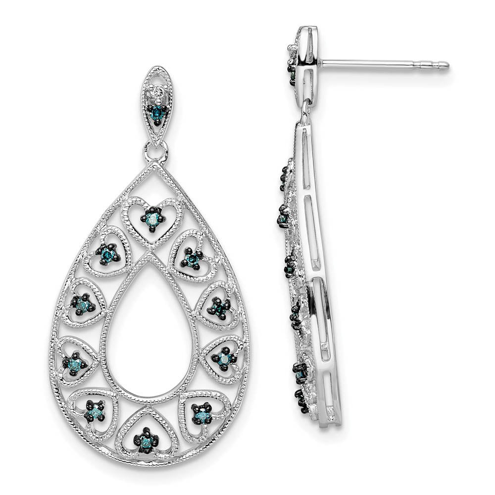 Blue &amp; White Diamond Teardrop Heart Dangle Earrings in Sterling Silver, Item E12681 by The Black Bow Jewelry Co.