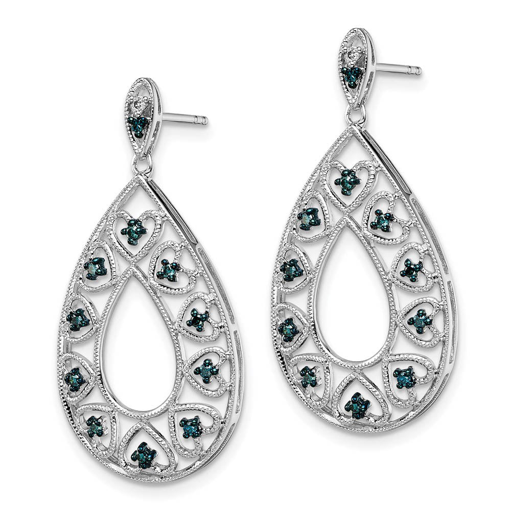 Alternate view of the Blue &amp; White Diamond Teardrop Heart Dangle Earrings in Sterling Silver by The Black Bow Jewelry Co.