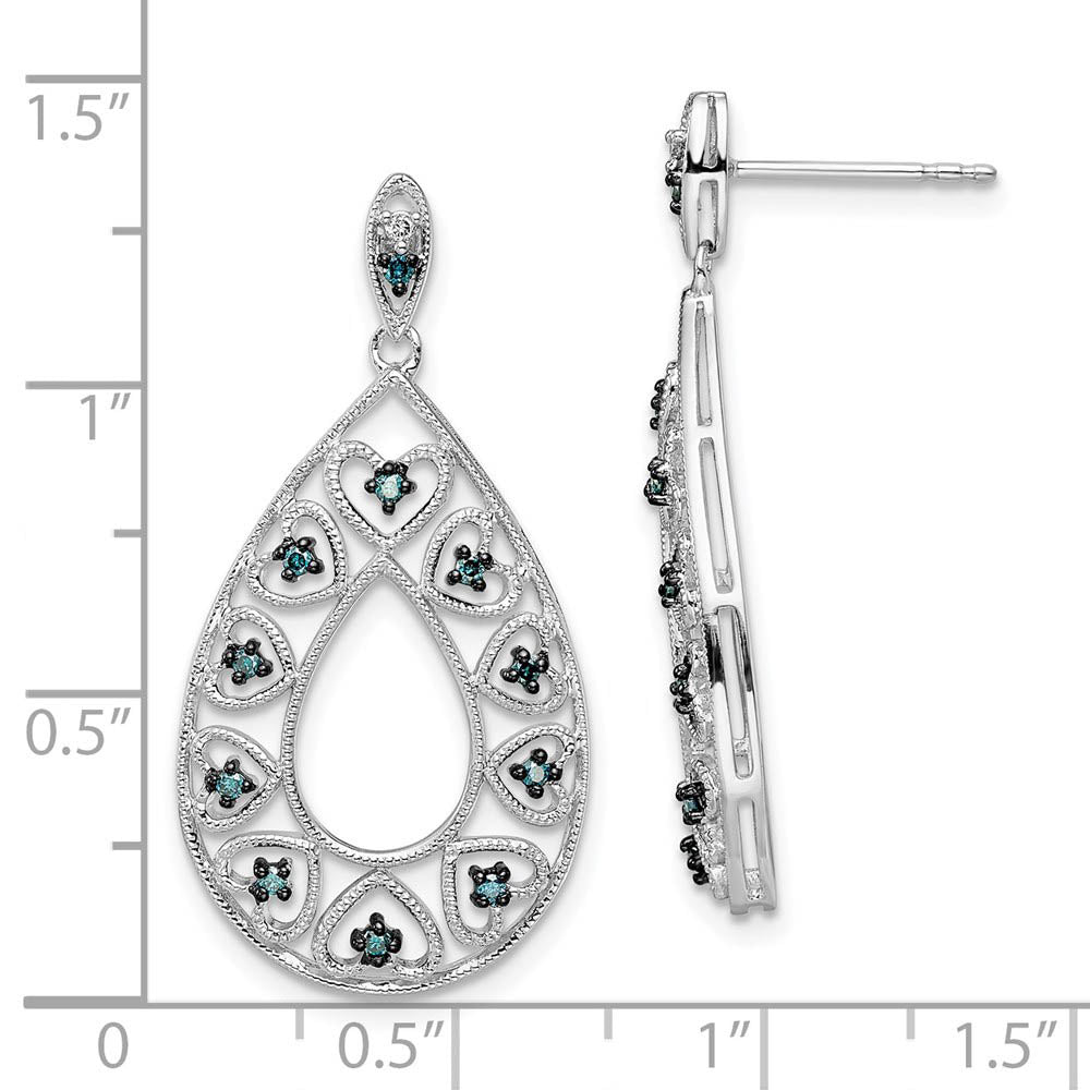 Alternate view of the Blue &amp; White Diamond Teardrop Heart Dangle Earrings in Sterling Silver by The Black Bow Jewelry Co.