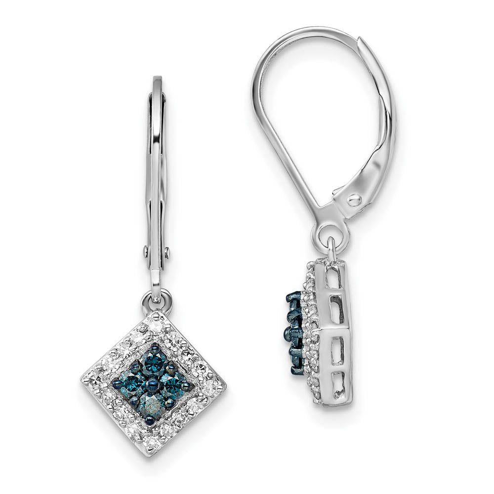 Blue &amp; White Diamond Small Square Sterling Silver Lever Back Earrings, Item E12693 by The Black Bow Jewelry Co.