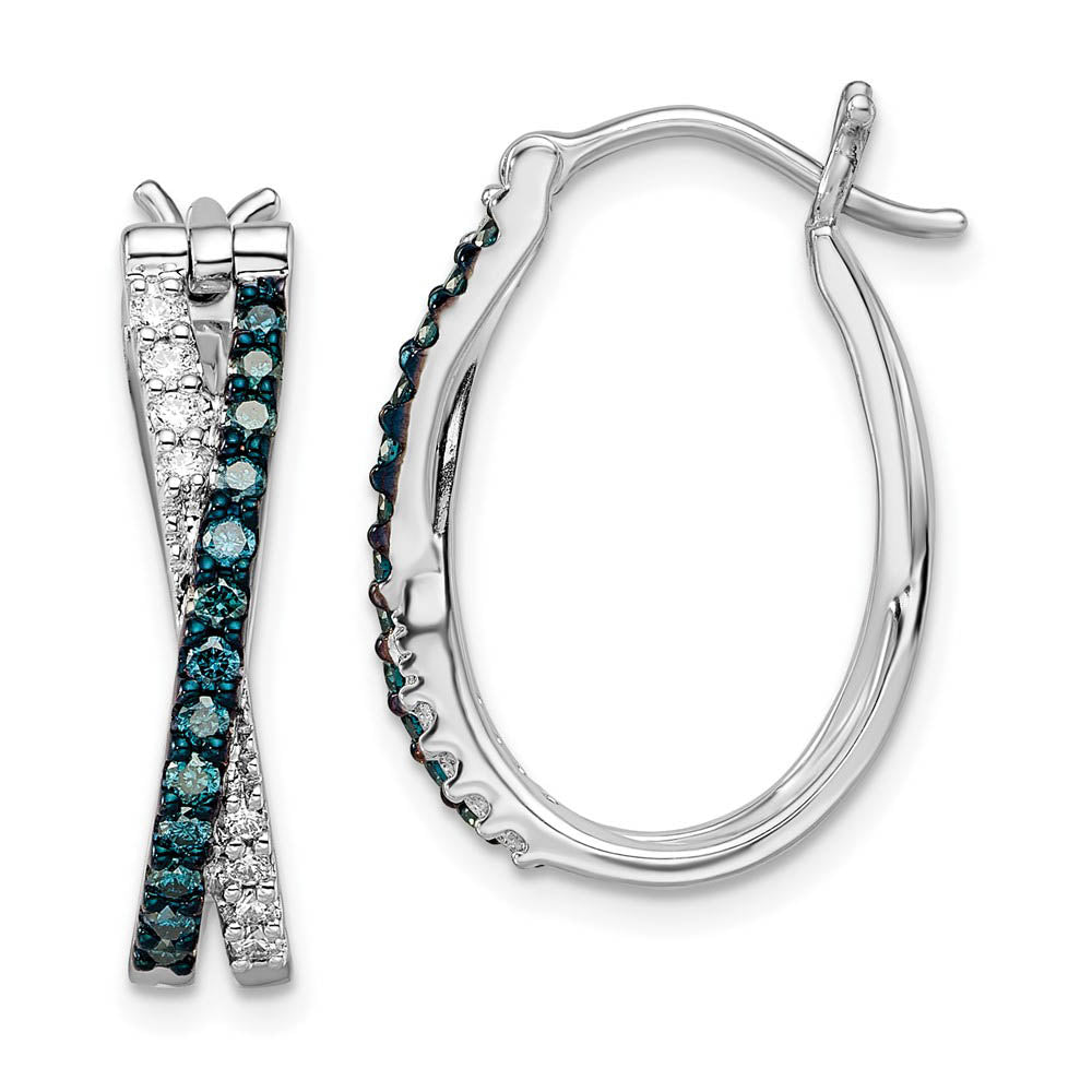 Blue &amp; White Diamond Crossover Hinged Hoop Earrings in Sterling Silver, Item E12699 by The Black Bow Jewelry Co.